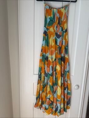 Strapless Tiered Floral Maxi Dress in Orange and Green